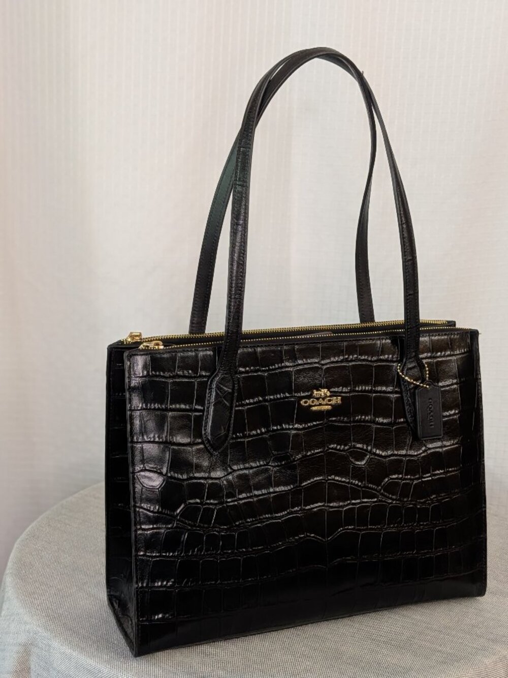 Coach Nina Tote Black Croc Embossed Leather Triple Compartment Bag CL654 - Picture 2 of 12